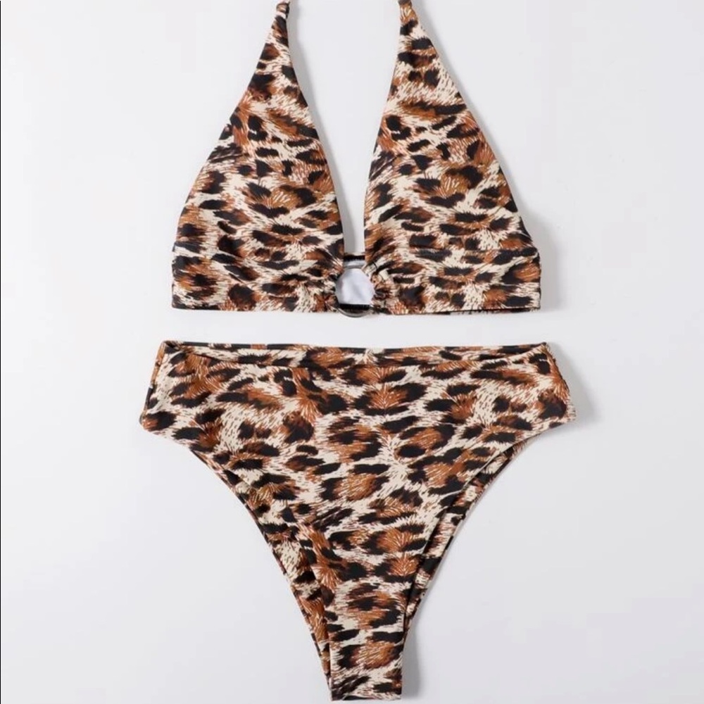 Two Piece Leopard Halter High Waisted Ring Detail Bikini Top & Bottom